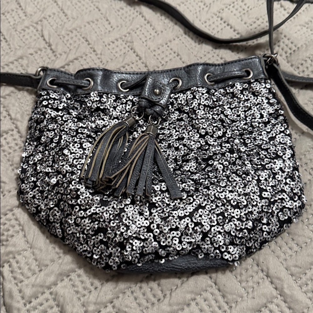 Sequin Crossbody Bag with Leather-Trim in Silver and Black
